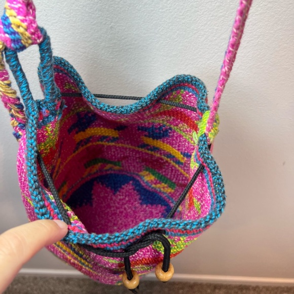 Wayuu Woven Bucket Bag Purse Pink Yellow Wood Bead Animal Print Cinch Close Boho - Picture 13 of 13
